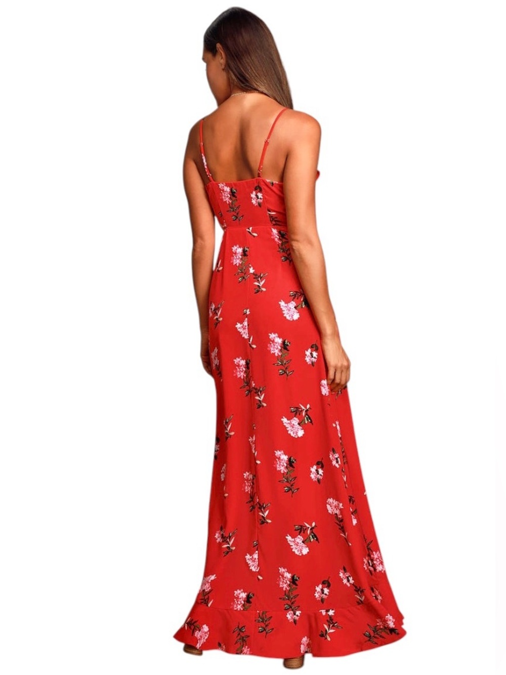 Lulus Women Red Floral Sleeveless Ruffled Wrap Flowy Prom Party Maxi Dress Sz M - Picture 4 of 10